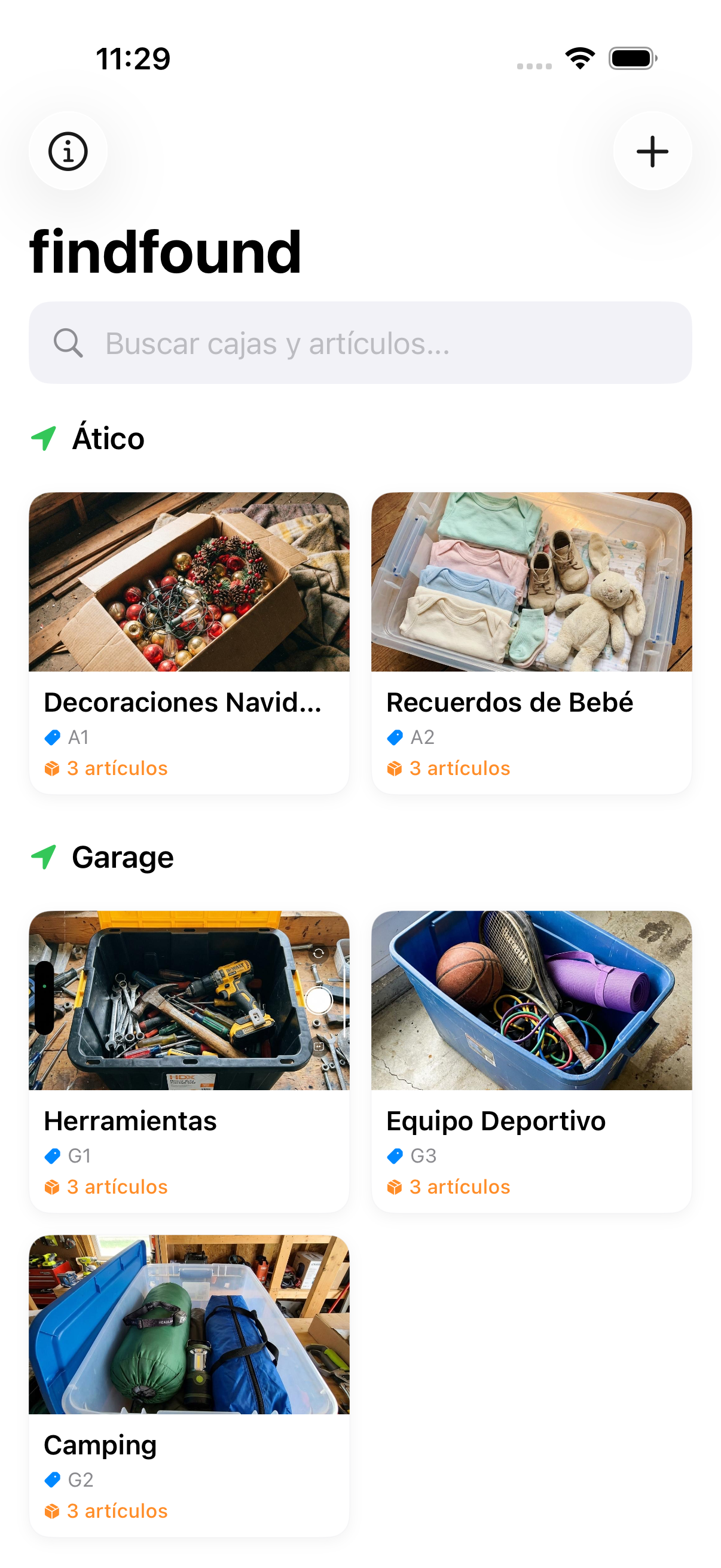 App findfound mostrando una lista de cajas con artículos identificados