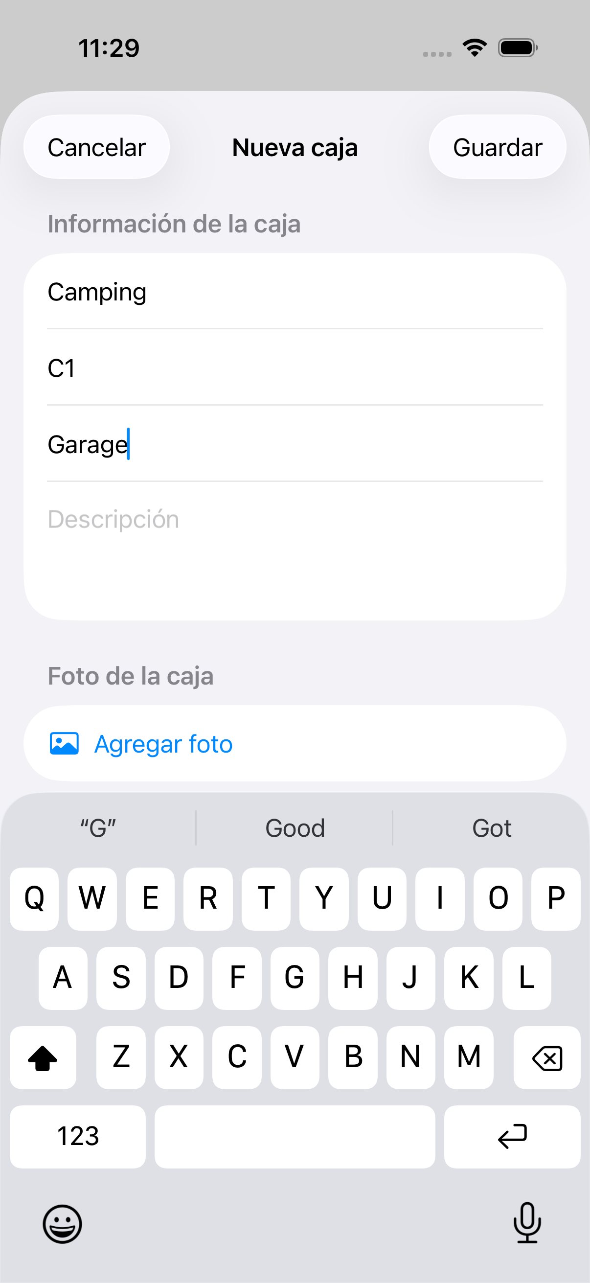 Creando una nueva caja llamada Camping Gear con ubicación