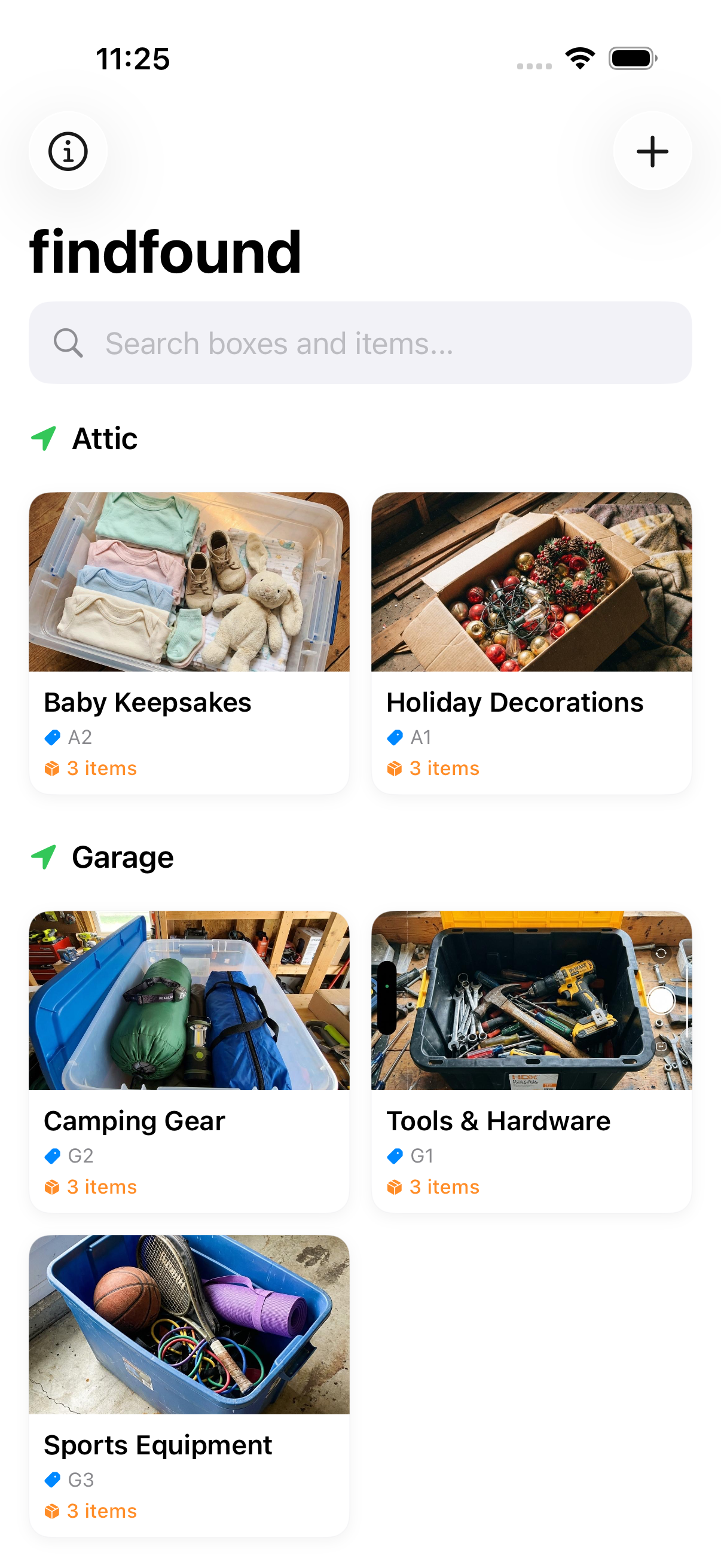 findfound app showing a list of storage boxes with items identified inside each one