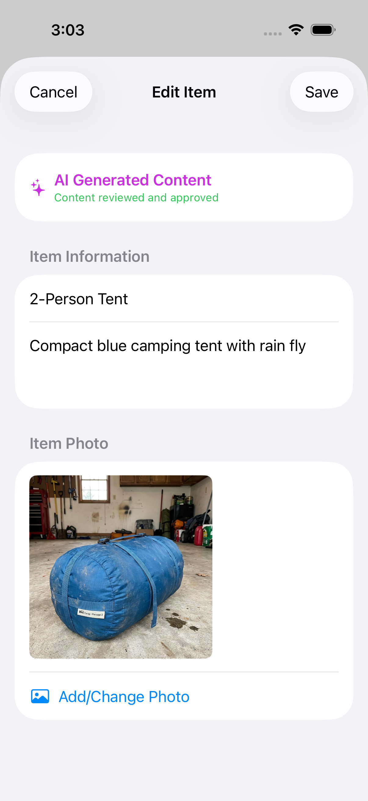 AI automatically identifying a camping tent from a photo
