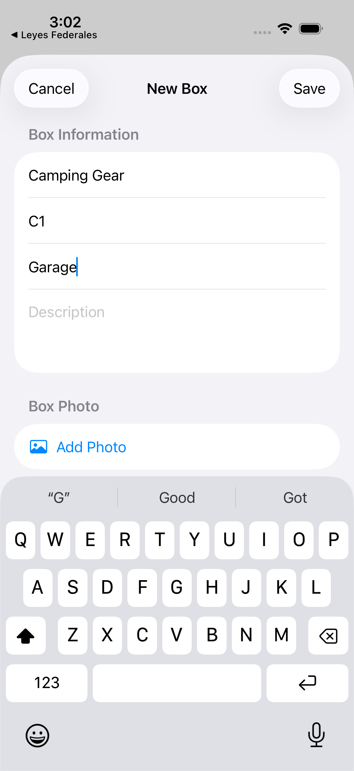 Creating a new storage box named Camping Gear with identifier and location