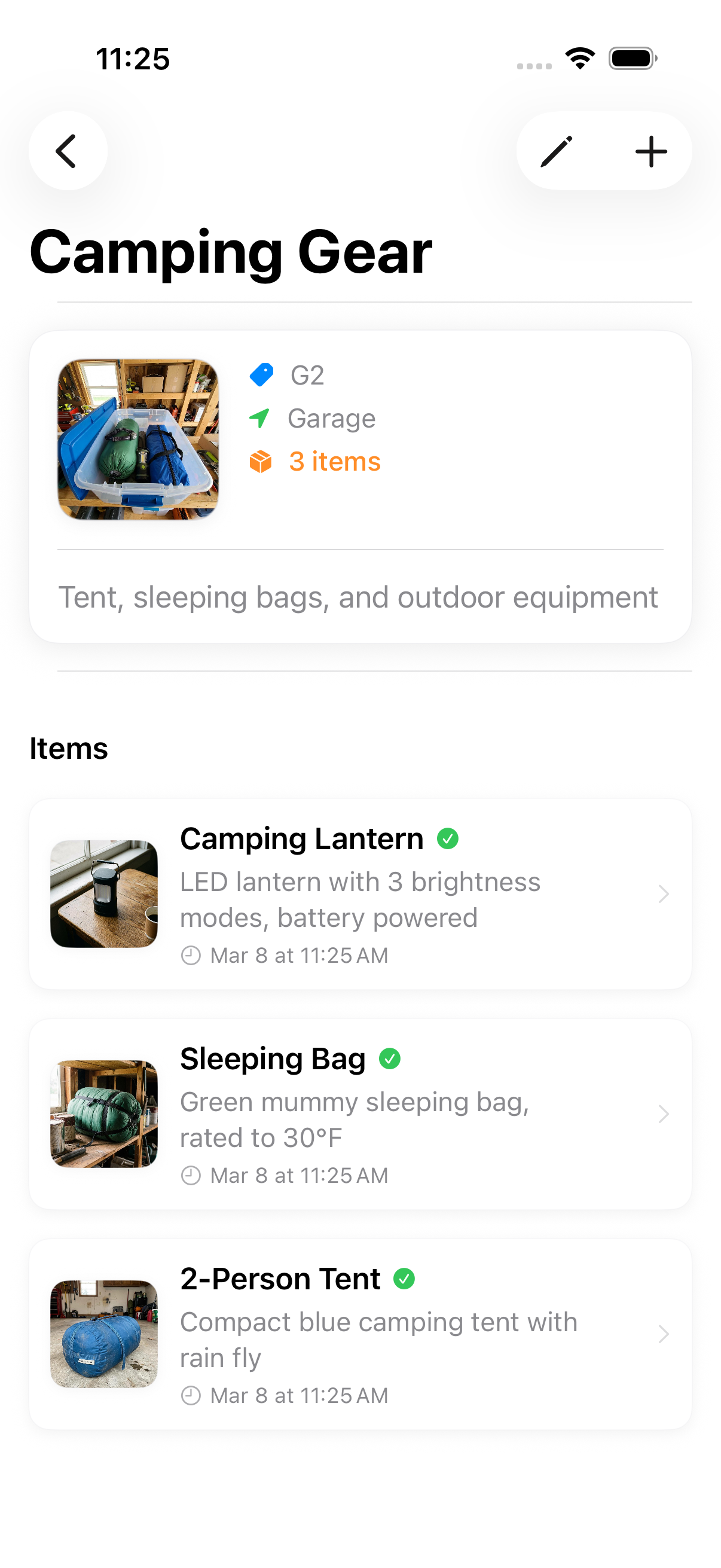 Camping Gear box showing tent, sleeping bag, and lantern cataloged with photos