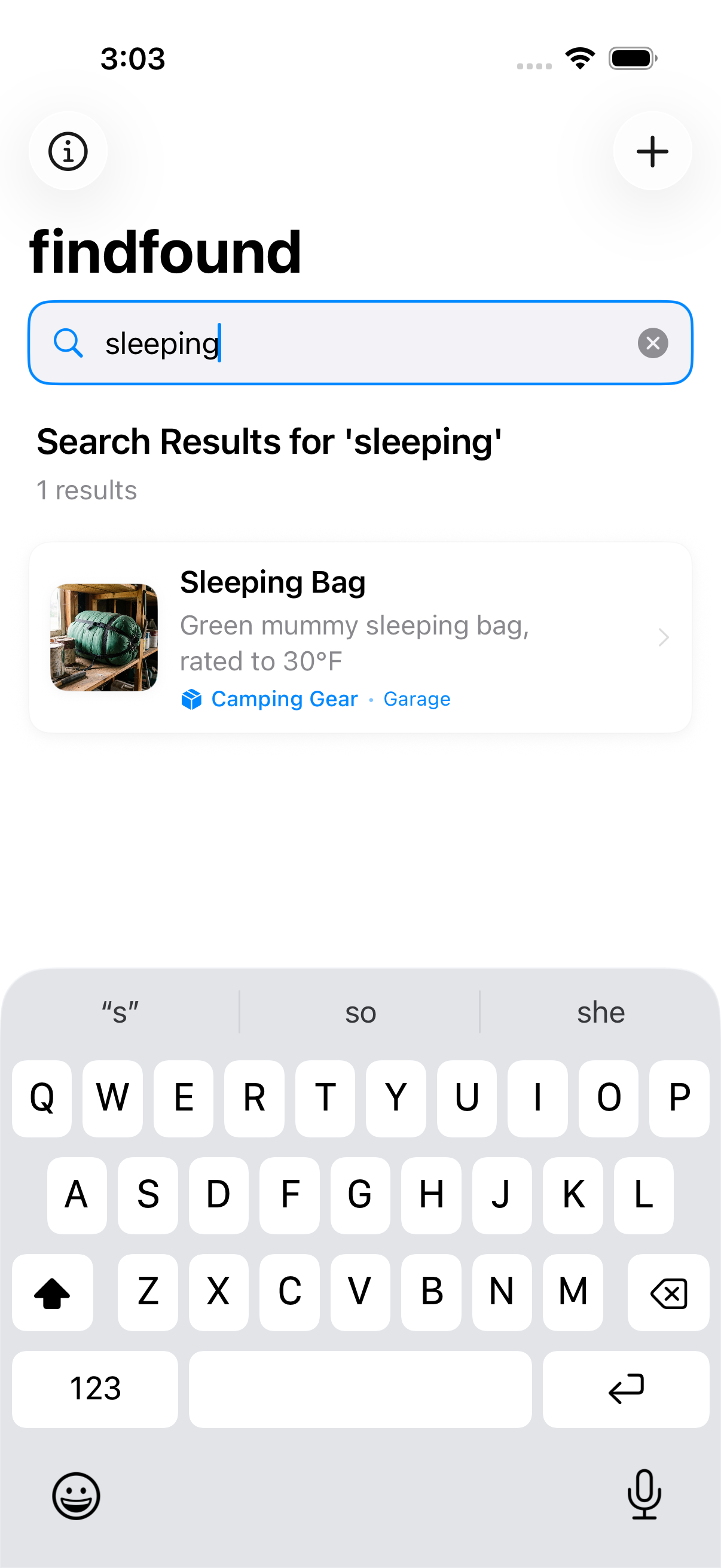 Search results finding a sleeping bag in the Camping Gear box